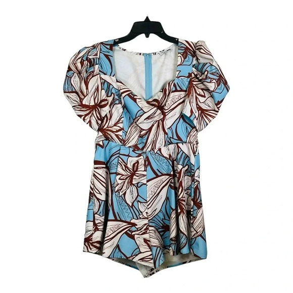 Fashion Nova Pants - Floral Puff Sleeve Romper Blue Brown Boho Chic Cottagecore Women Size Large